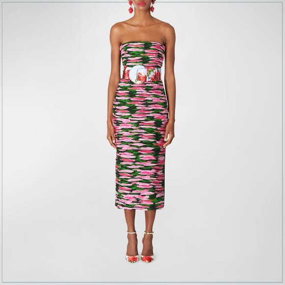 $3990 Carolina Herrera Gathered Floral Silk Strapless Runway Midi Dress - Picture 5 of 12